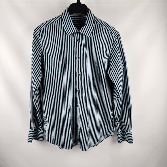 Robert Graham Shirt Mens Medium Dress Long Sleeve Blue Black Stripes Embroidered - Picture 1 of 6